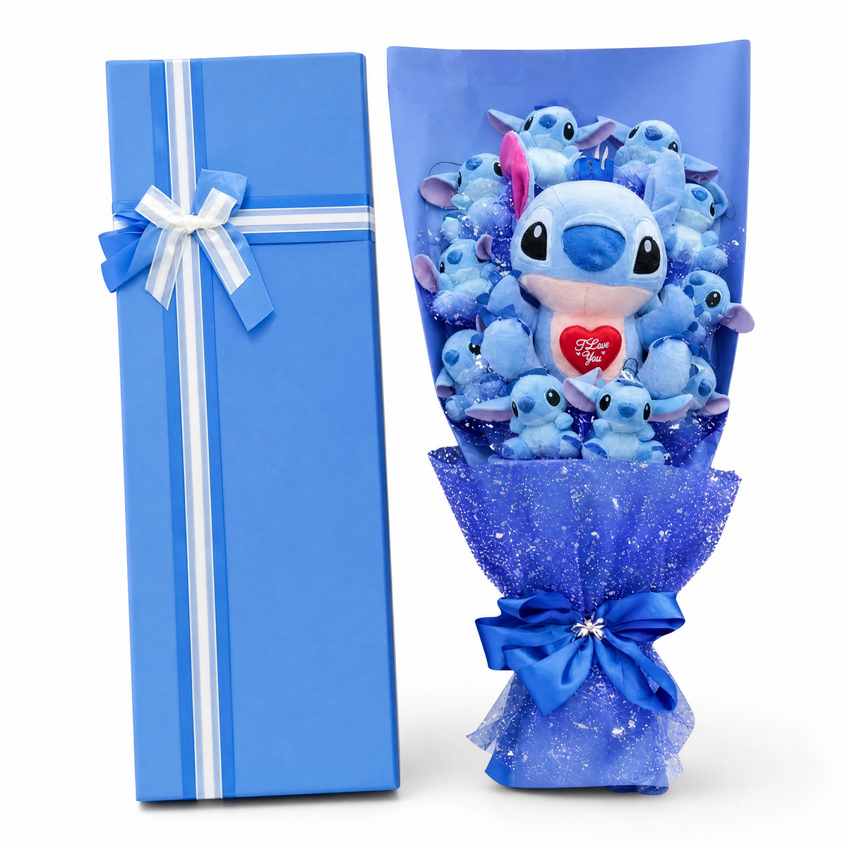 Bouquet Peluche Stitch I Love You con Cofanetto - Sfondo bianco frontale