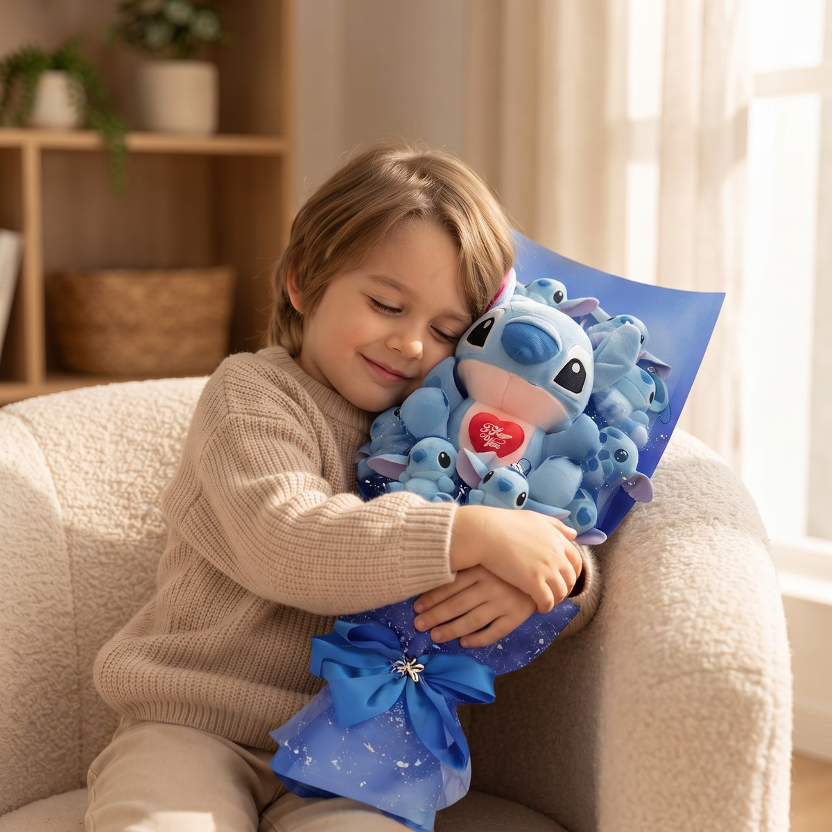 Bouquet di peluche Stitch I Love You - utilizzo accogliente in un interno