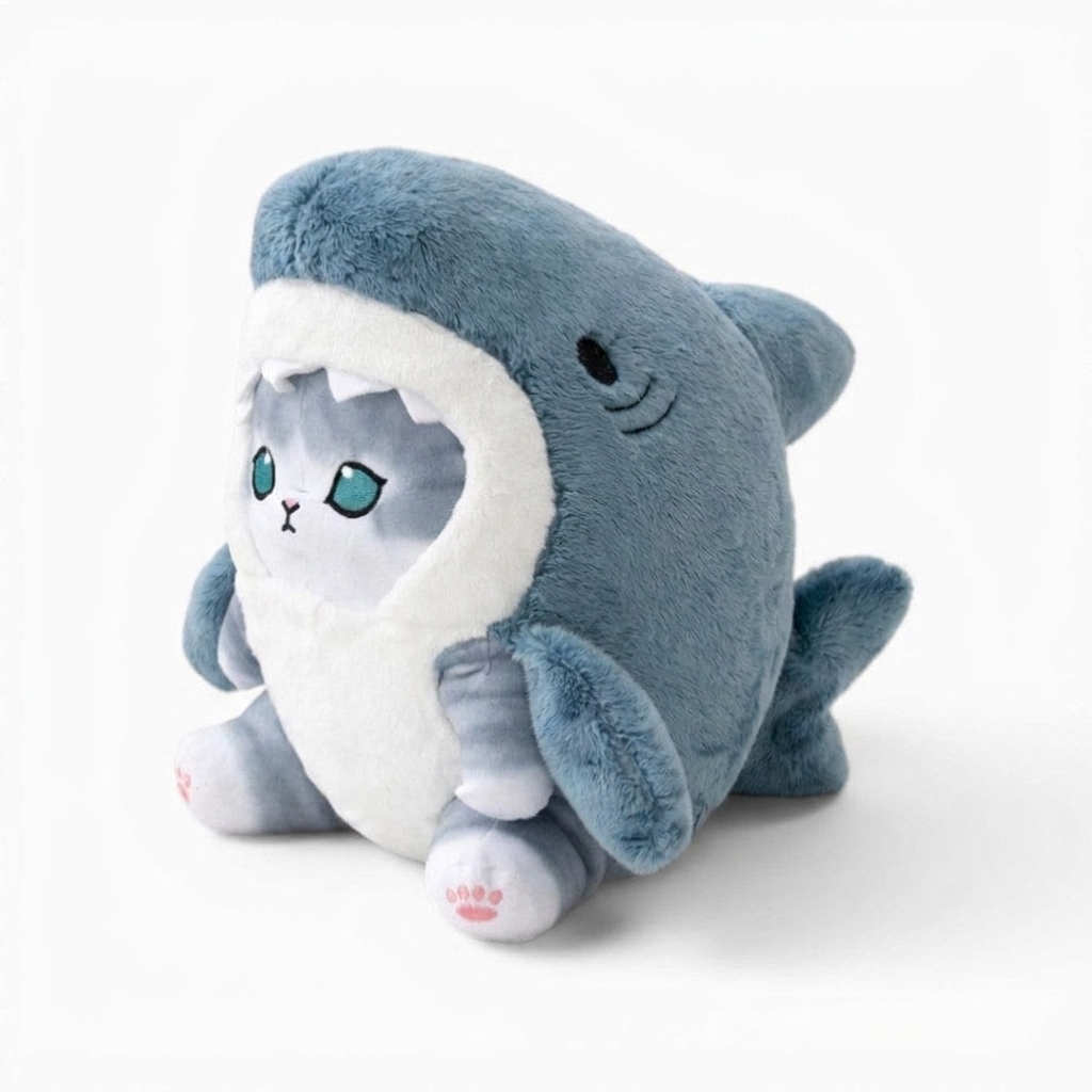 Peluche Gatto Travestito da Squalo Kawaii - sfondo bianco laterale