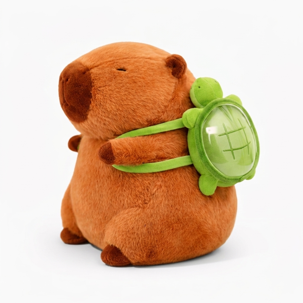 Peluche Capibara con Zainetto Tartaruga - Vista angolata su sfondo bianco
