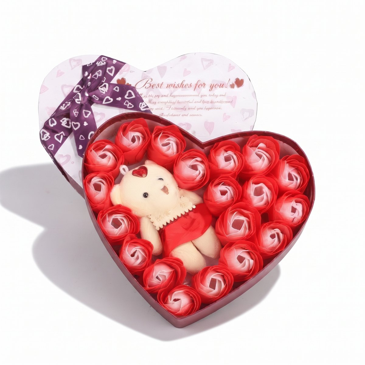 Cofanetto orso di rose San Valentino - sfondo bianco frontale