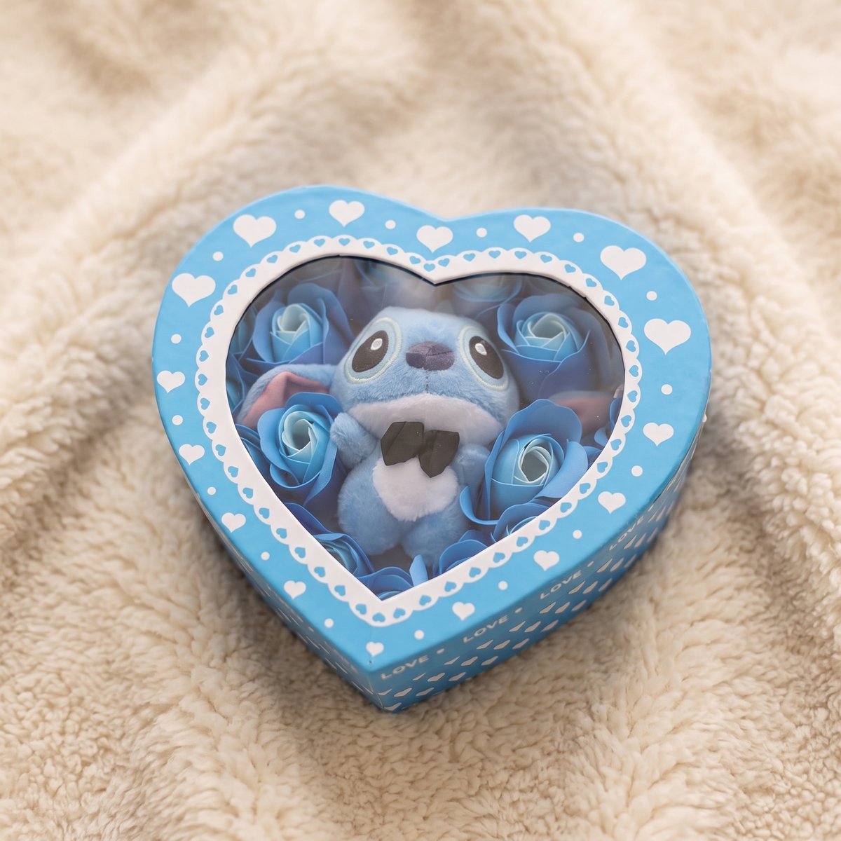 Cofanetto Peluche Stitch Scatola Cuore Rose Blu - Dettaglio materiale