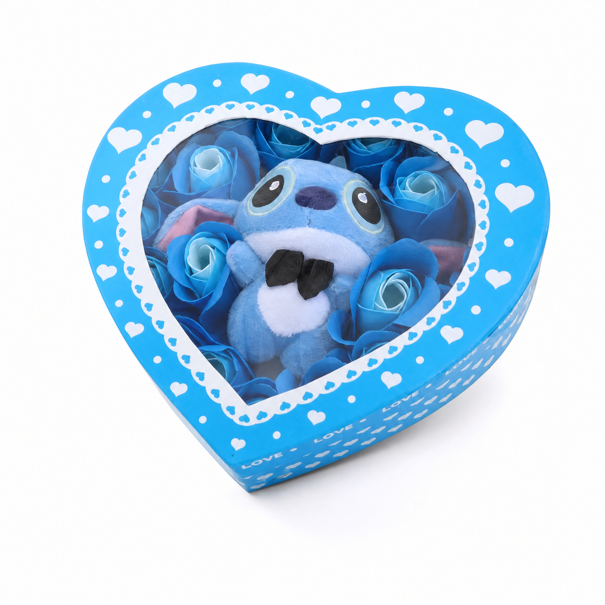 Cofanetto Peluche Stitch Scatola Cuore Rose Blu - Sfondo bianco frontale