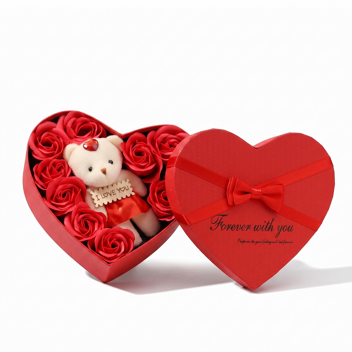 Cofanetto Rose di Sapone con Orso di Peluche Cuore - sfondo bianco frontale
