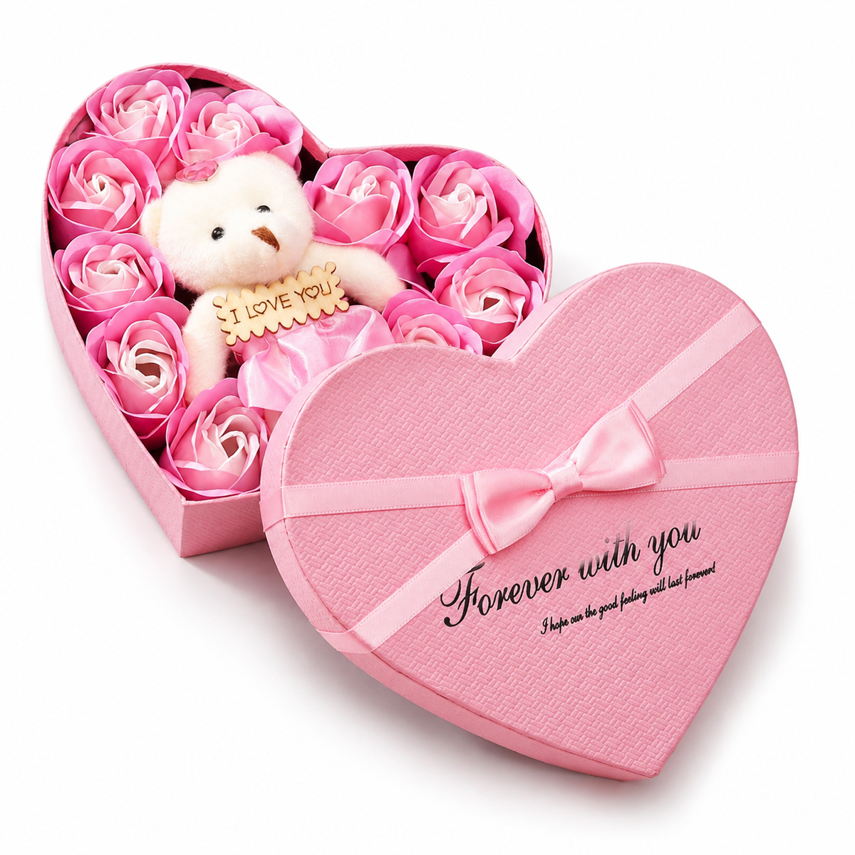 Cofanetto Rose di Sapone con Orso di Peluche Cuore - Rosa