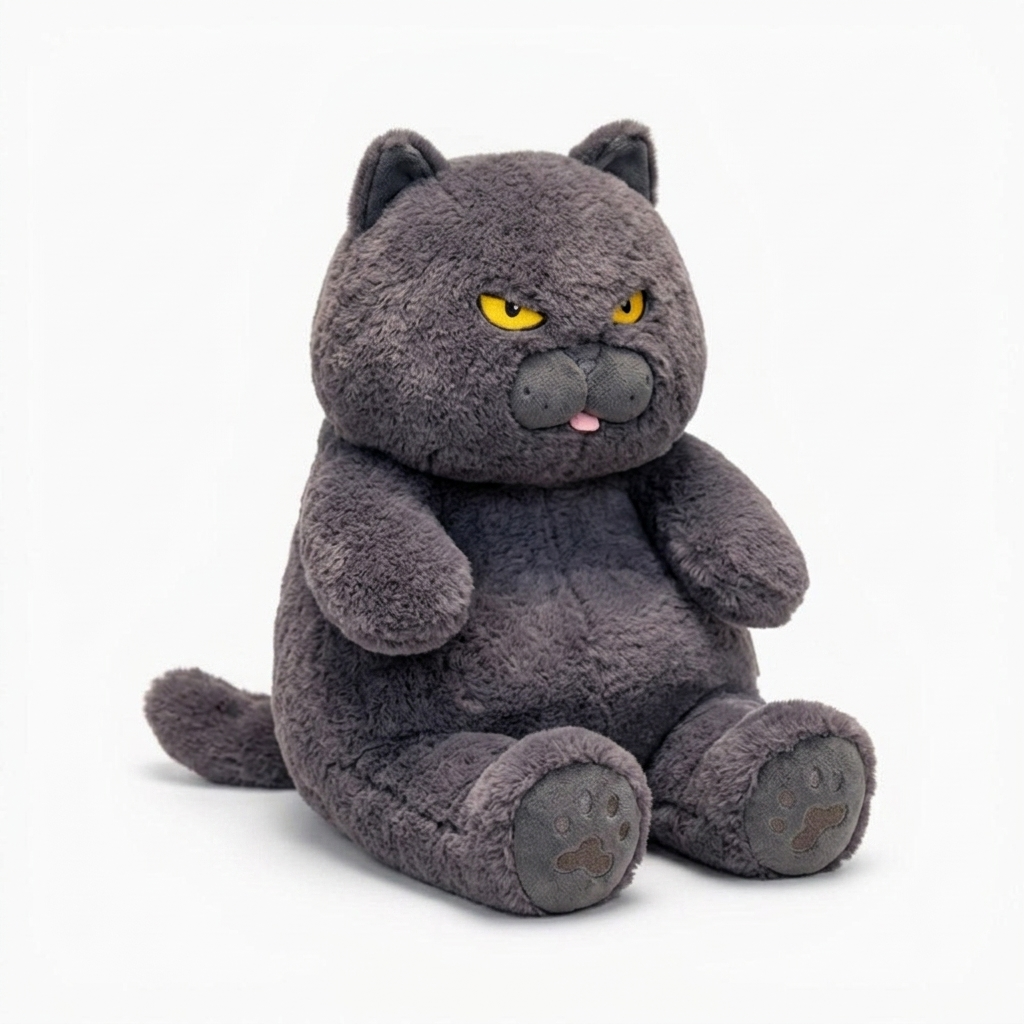 Peluche gatto scorbutico grigio - Sfondo bianco di profilo