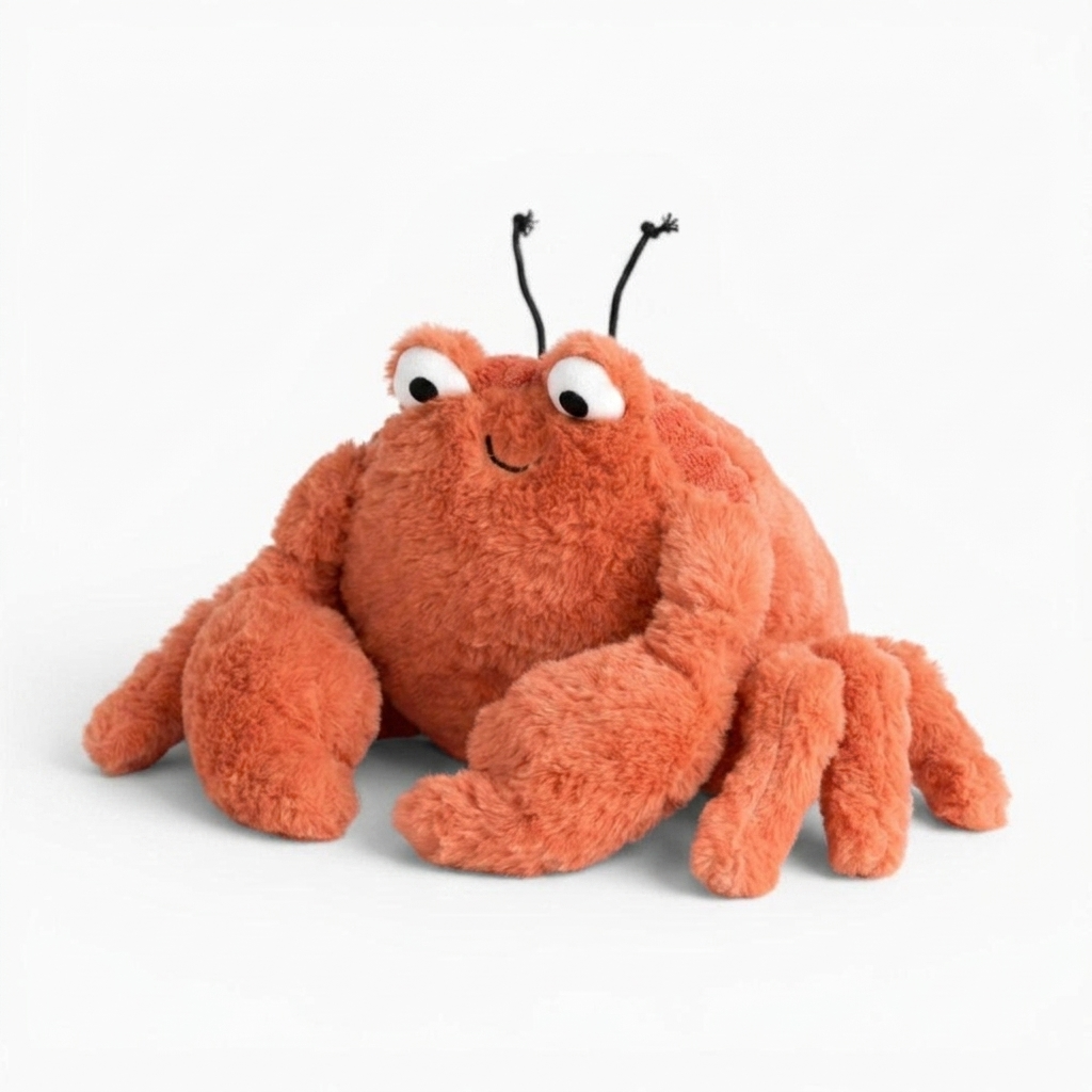 Peluche granchio arancione morbido - Sfondo bianco di profilo