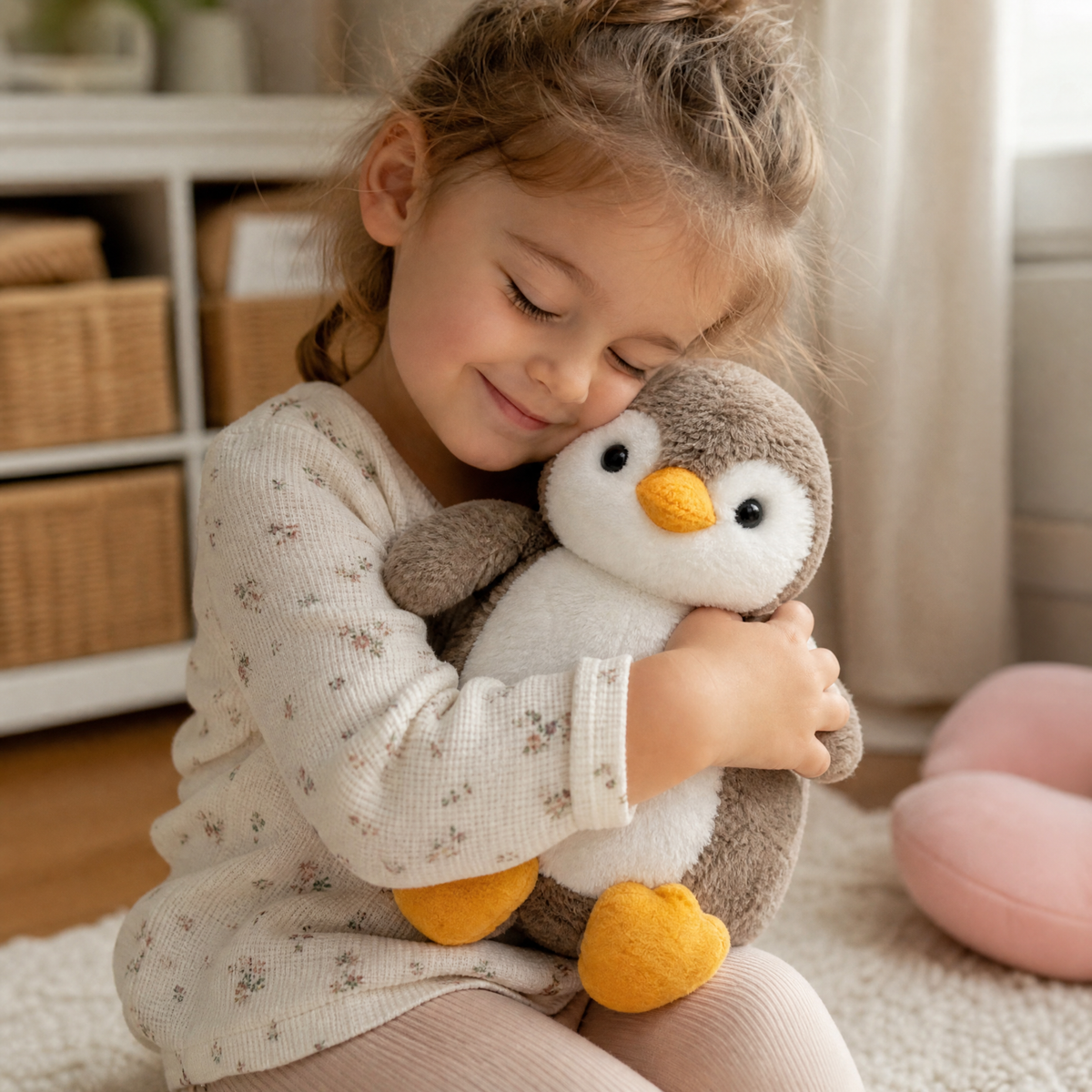 Peluche Pinguino Morbido Tortora e Bianco - Utilizzo cosy in interno