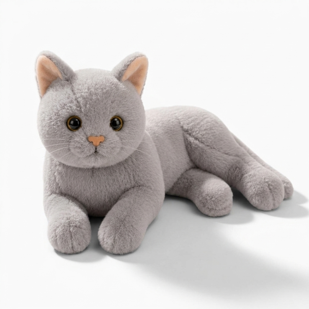 Peluche Gatto Grigio in Posizione Sdraiata - Sfondo bianco angolato