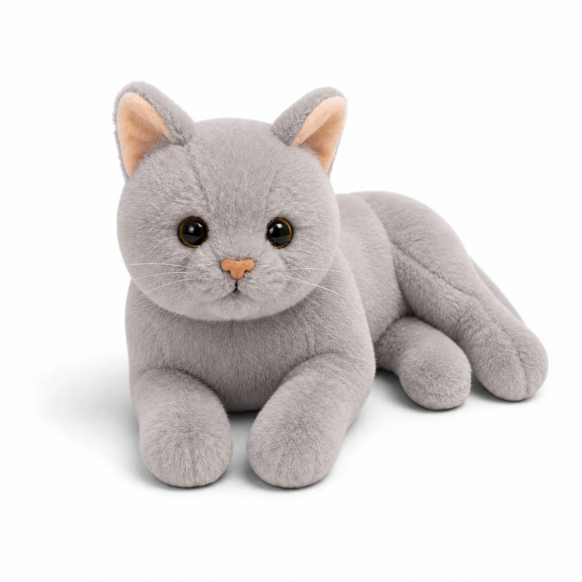 Peluche Gatto Grigio in Posizione Sdraiata - Sfondo bianco frontale