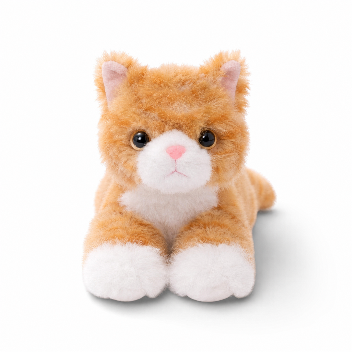 Peluche gatto realistico rosso disteso - Sfondo bianco frontale
