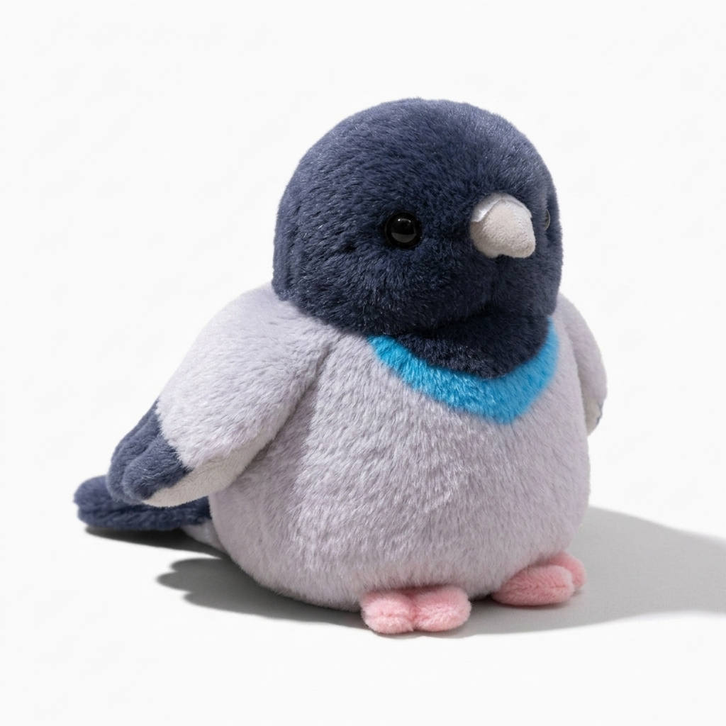 Peluche uccello sonoro piccione blu e grigio - Sfondo bianco di profilo