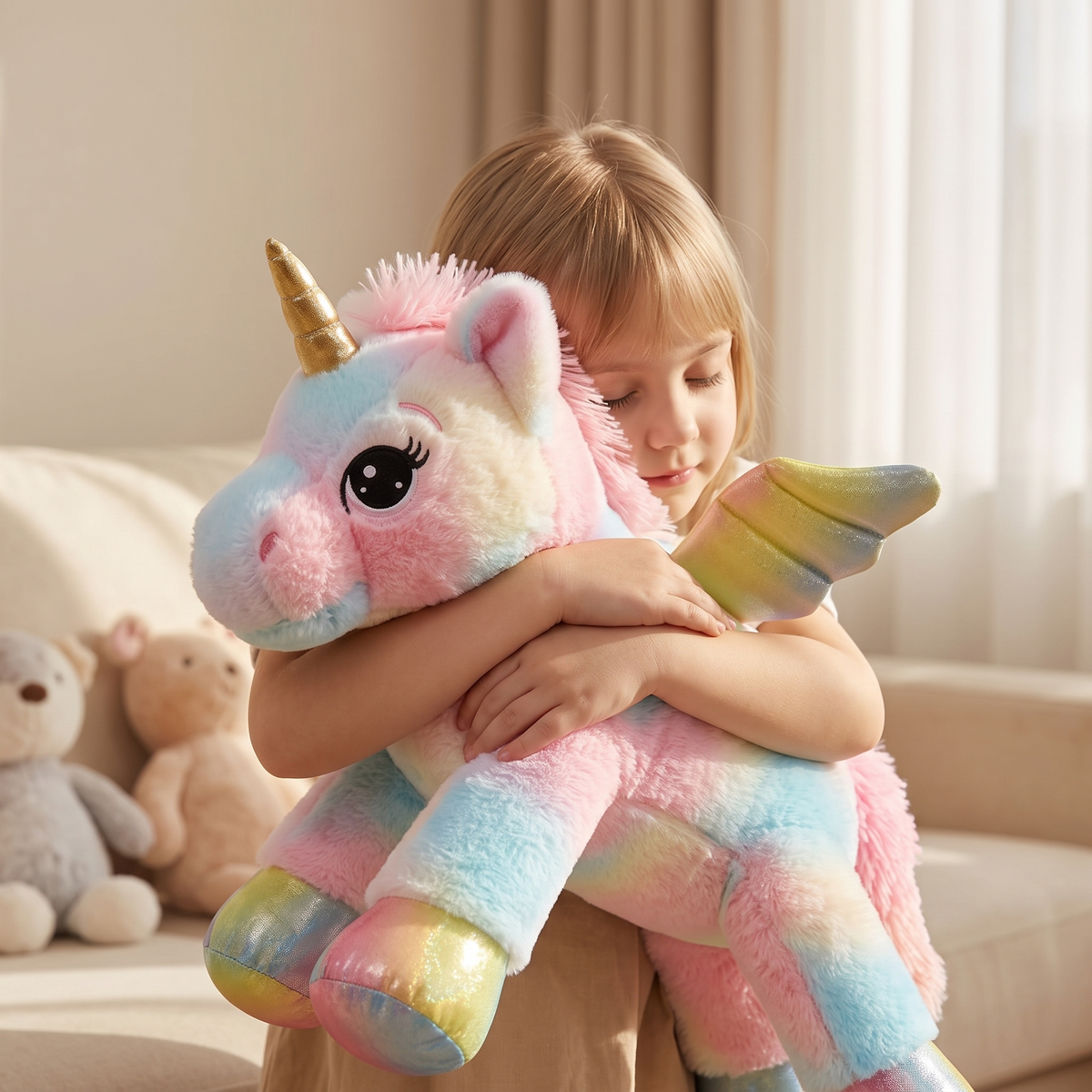 Peluche Unicorno Gigante Arcobaleno Pastello 60 cm - Utilizzo cosy in casa