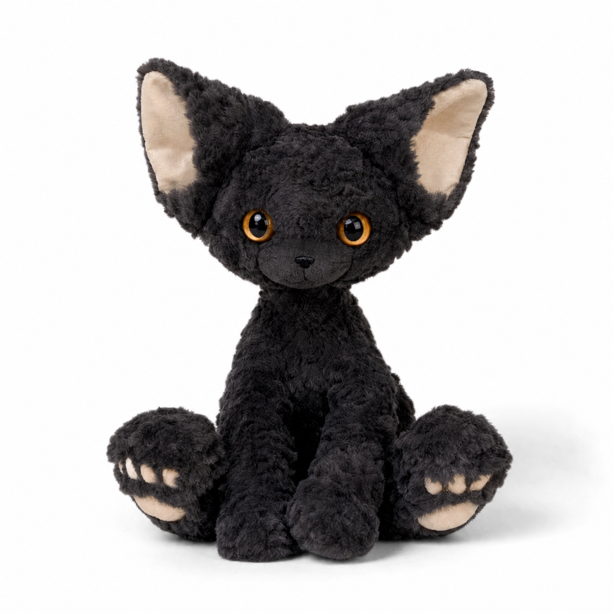 Peluche gatto nero a pelo riccio con grandi occhi - Sfondo bianco frontale
