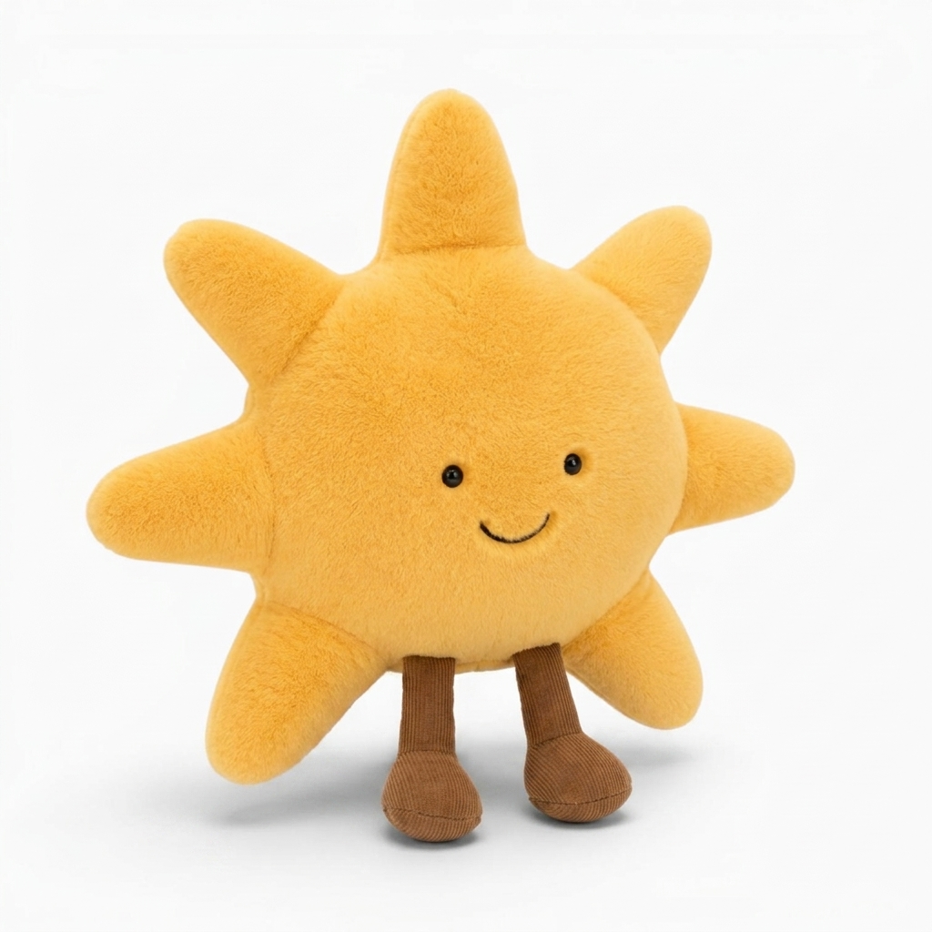 Peluche sole sorridente in velluto morbido - Sfondo bianco di profilo