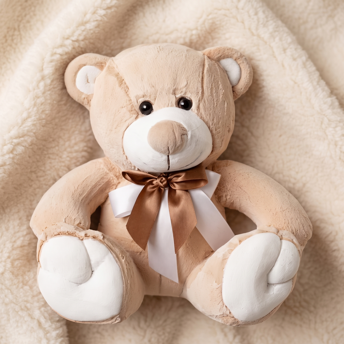 Peluche Orso Beige e Bianco con Fiocco Dorato - dettaglio materiale