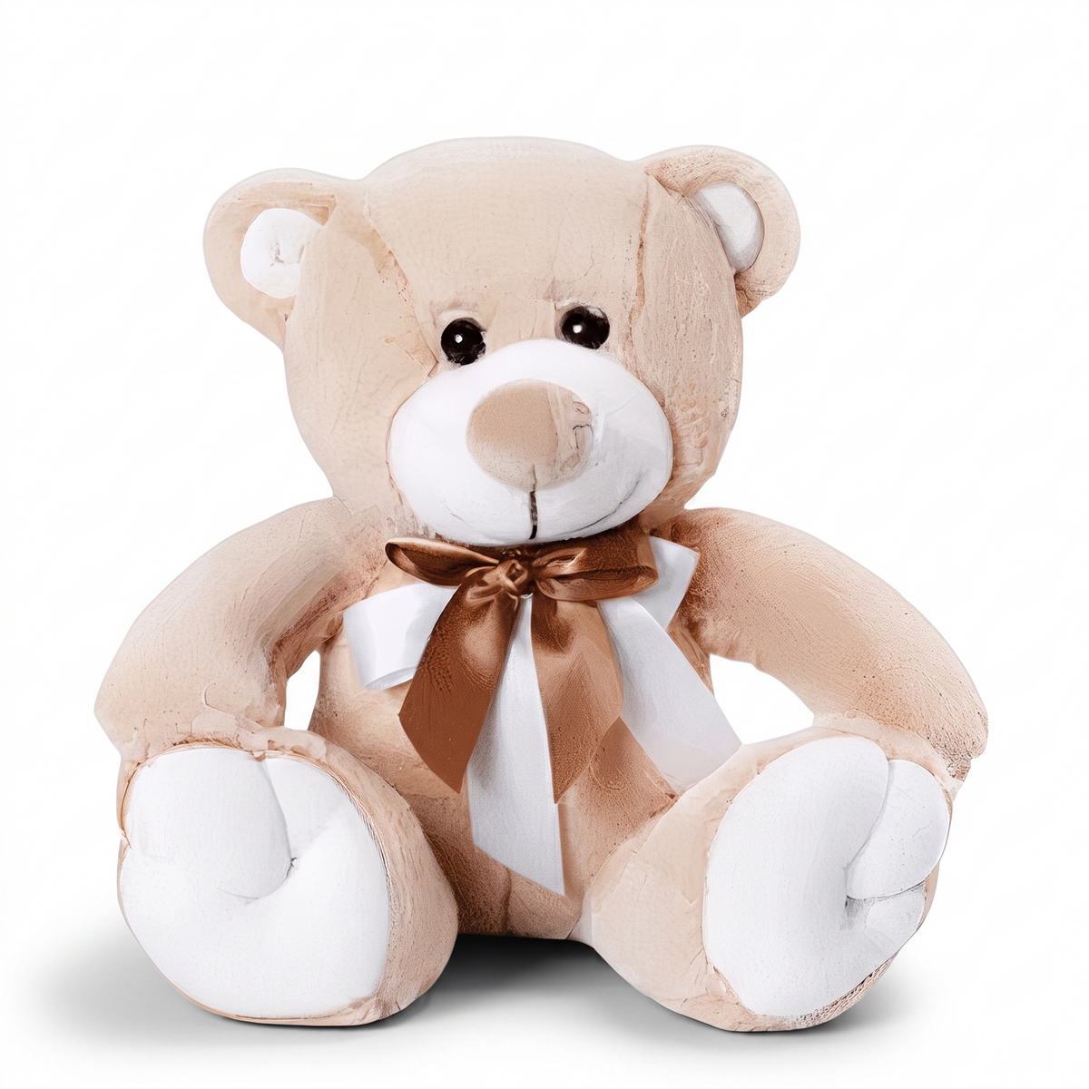 Peluche Orso Beige e Bianco con Fiocco Dorato - sfondo bianco frontale