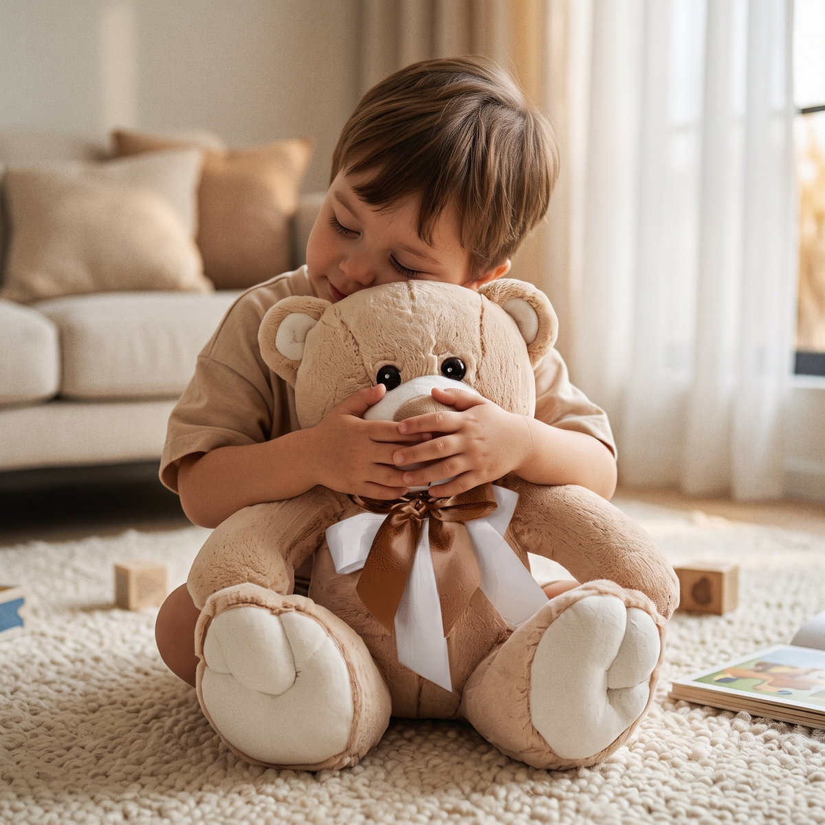 Peluche Orso Beige e Bianco con Fiocco Dorato - utilizzo accogliente in casa