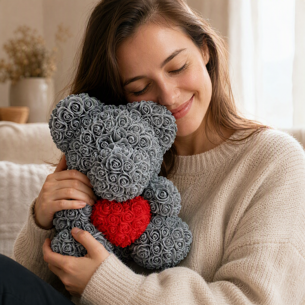 Orso di Rose Grigio Cuore Rosso Cofanetto - utilizzo accogliente in casa