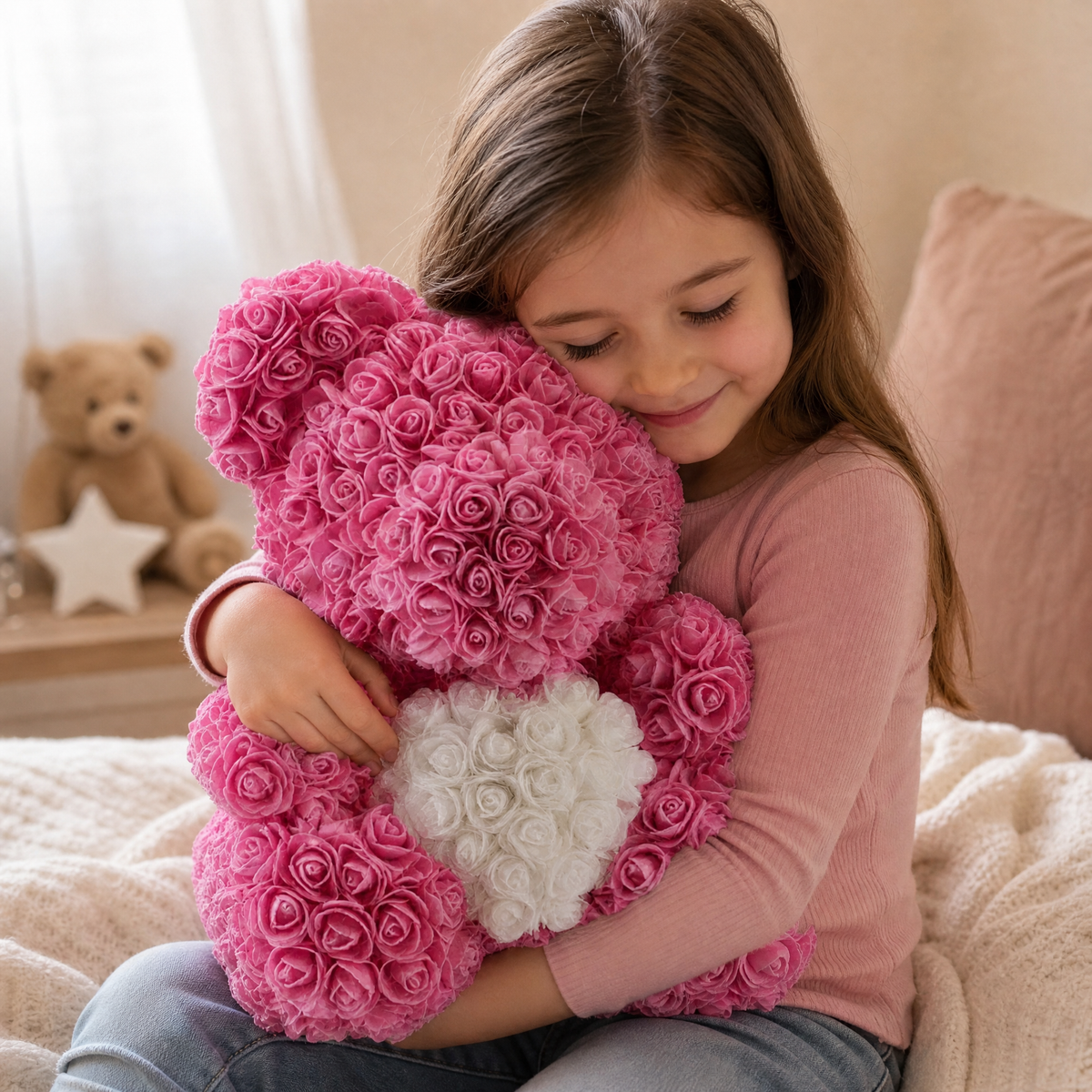 Orso di rose rosa con cuore bianco - utilizzo accogliente in un interno