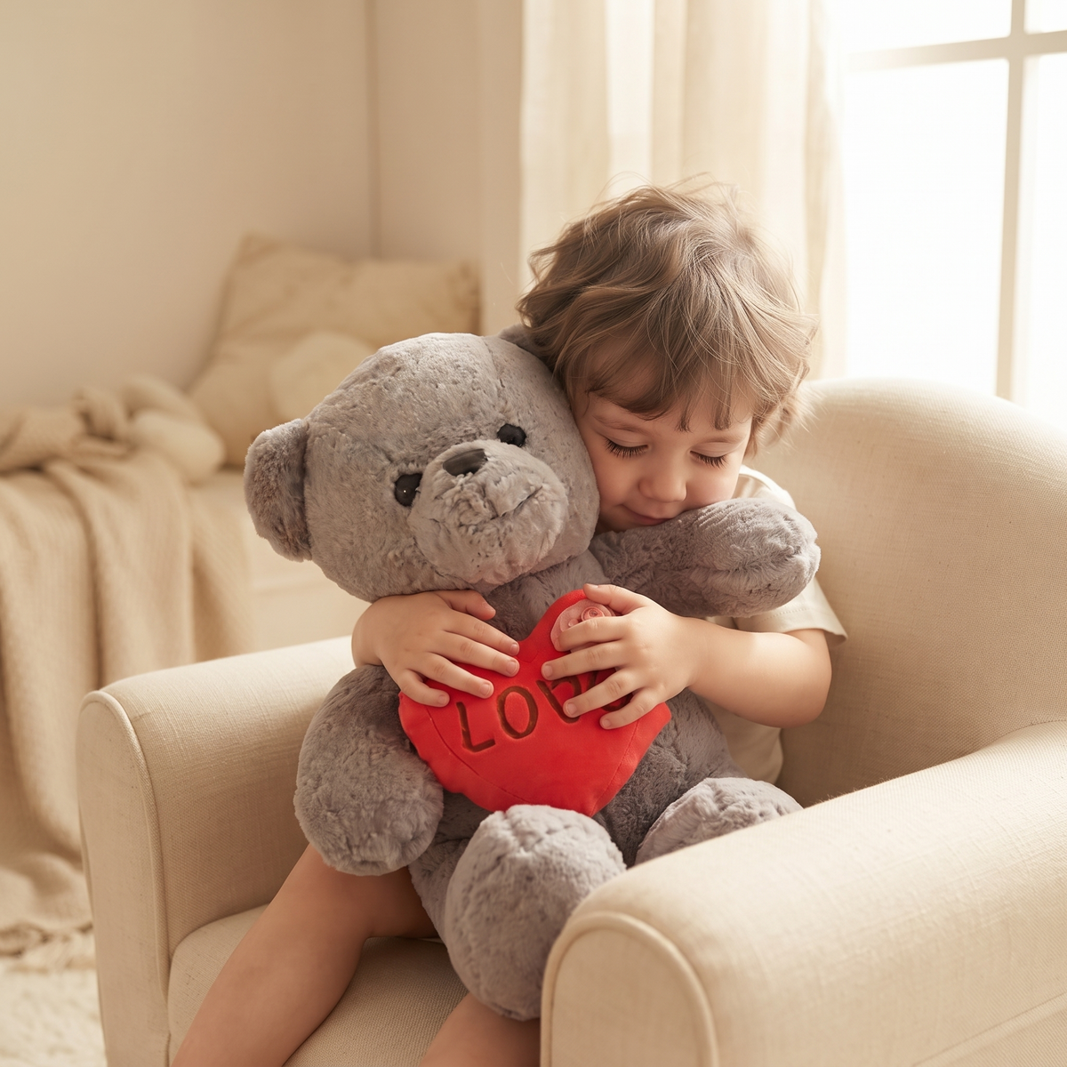 Orsetto di peluche grigio con cuore Love - utilizzo accogliente in un interno