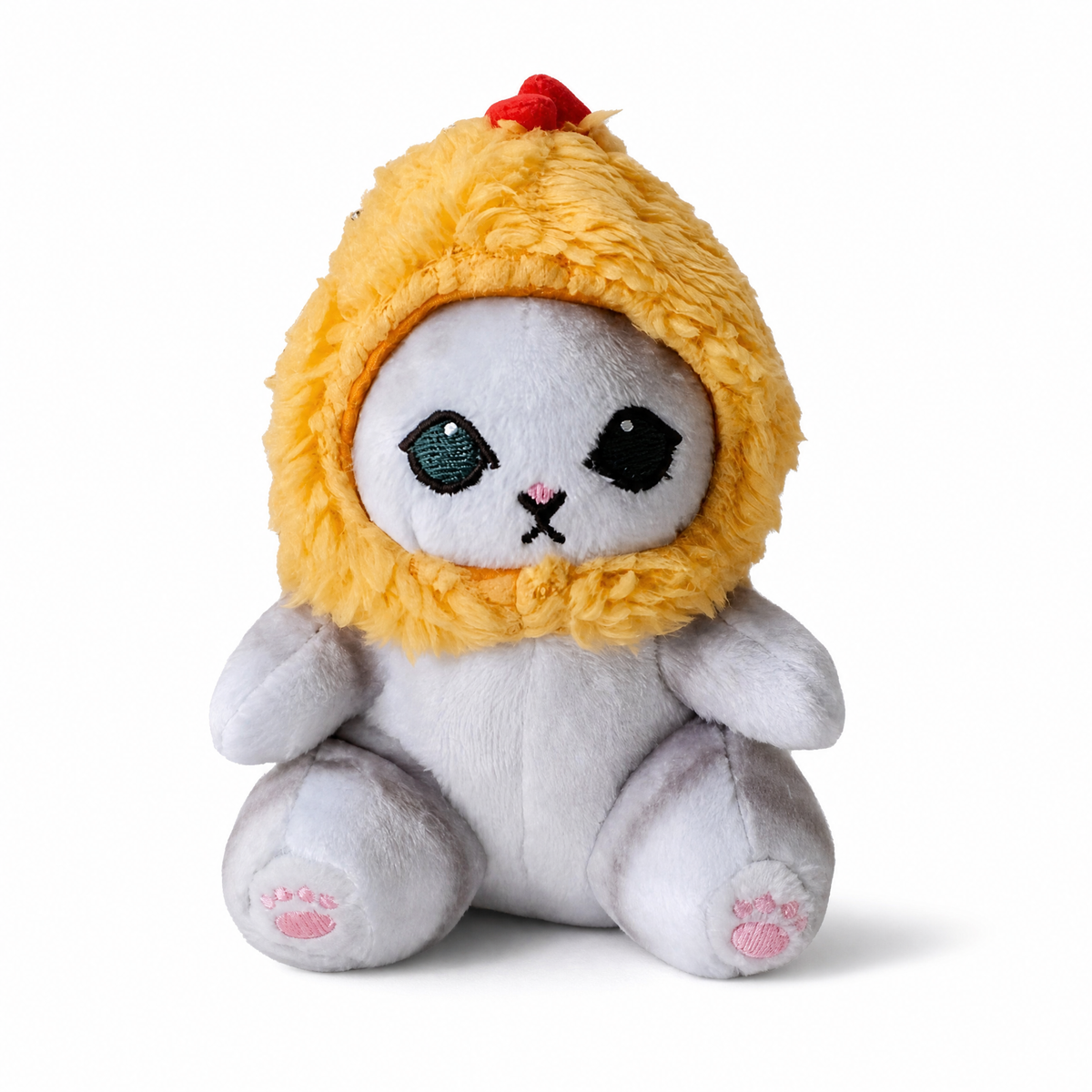 Peluche Gatto Pollo con Cappuccio Giallo - Sfondo bianco frontale