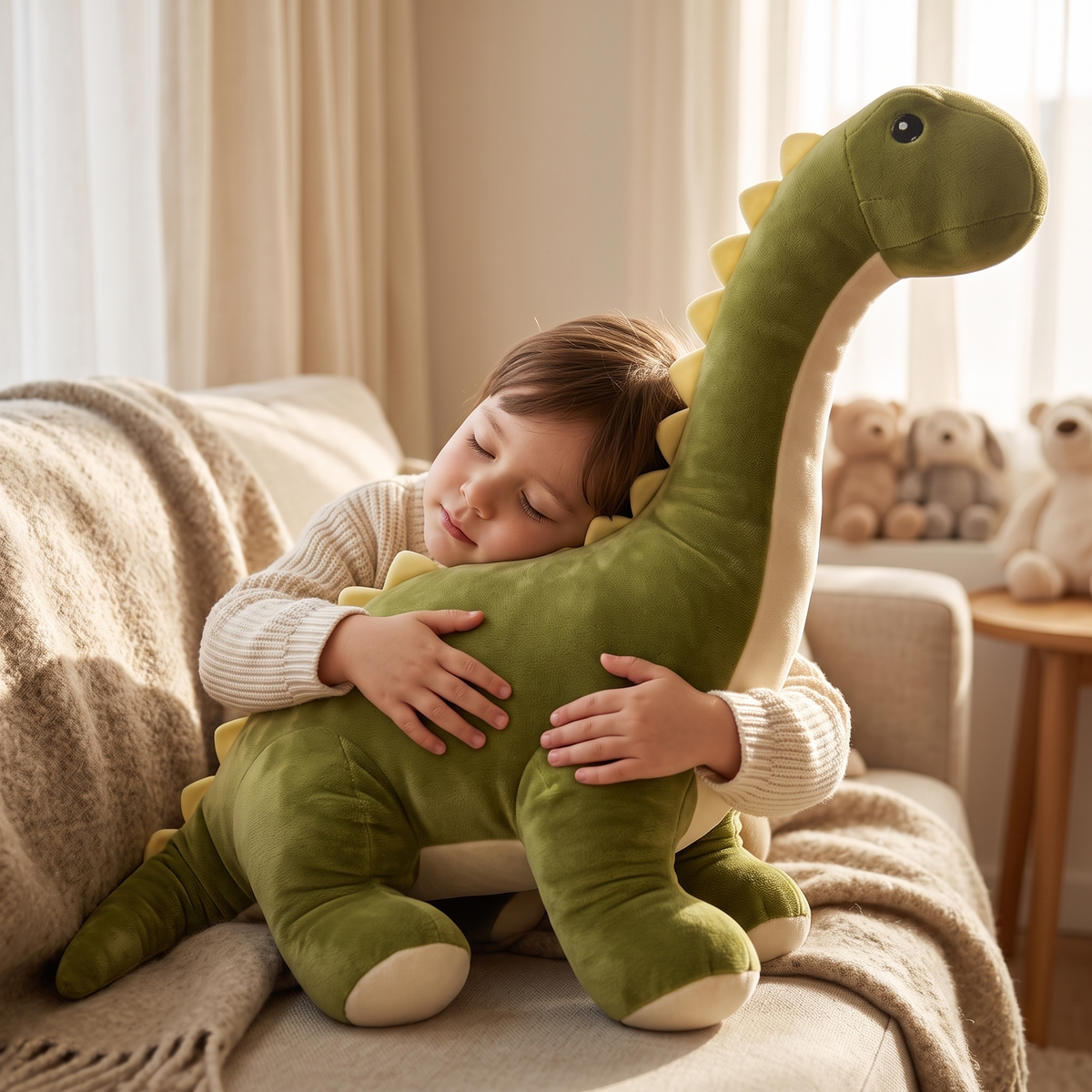 Peluche Diplodoco Verde dal Collo Lungo - utilizzo accogliente in casa