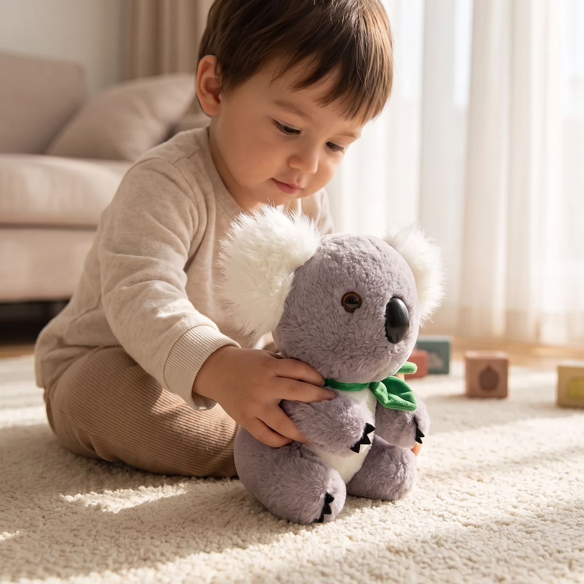 Peluche Koala Grigio e Bianco con Foglia di Eucalipto - Utilizzo cosy interno