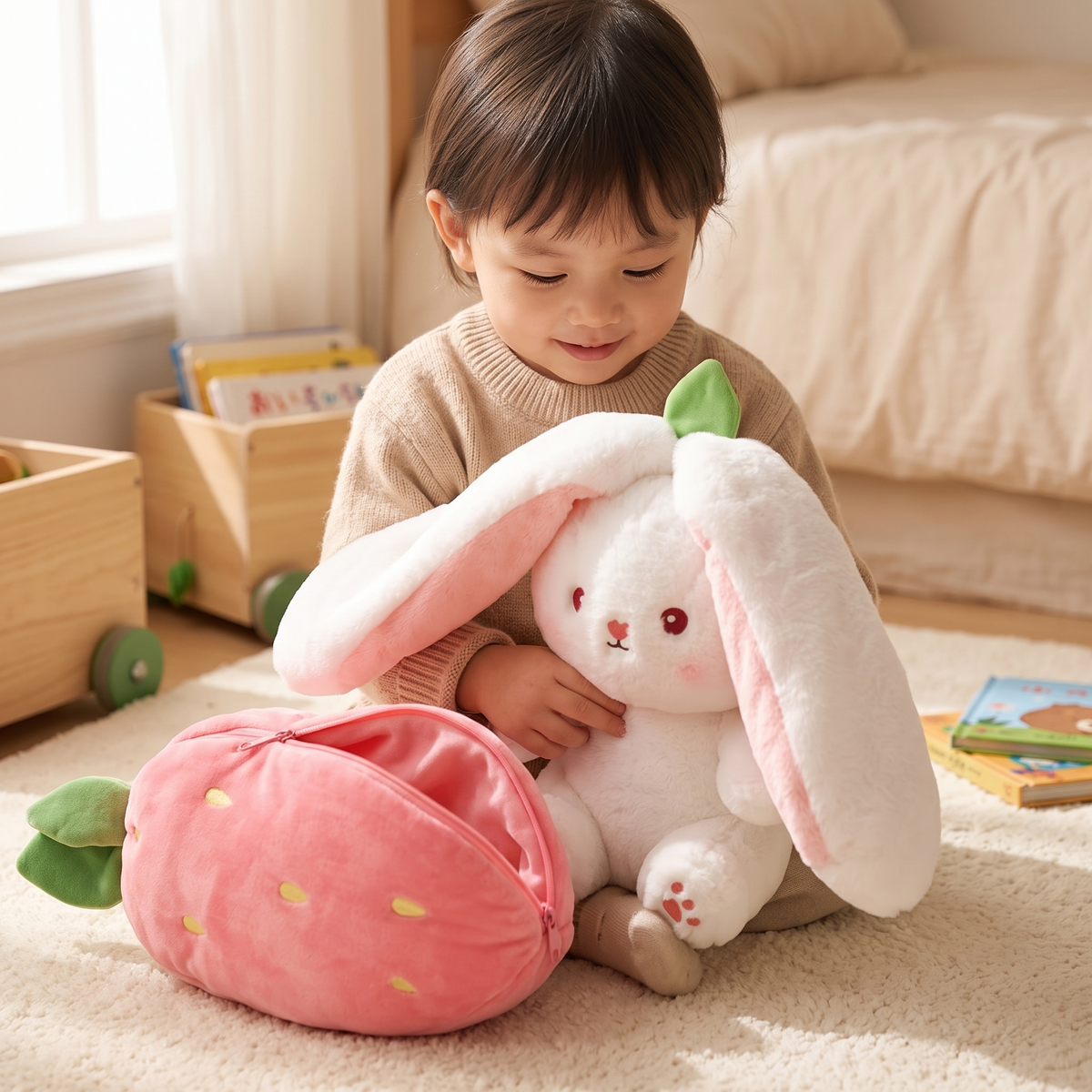 Peluche Coniglio Fragola Trasformabile 2 in 1 - Utilizzo cosy interno