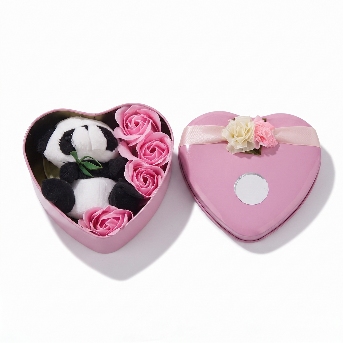 Peluche San Valentino panda cofanetto cuore rosa - sfondo bianco frontale