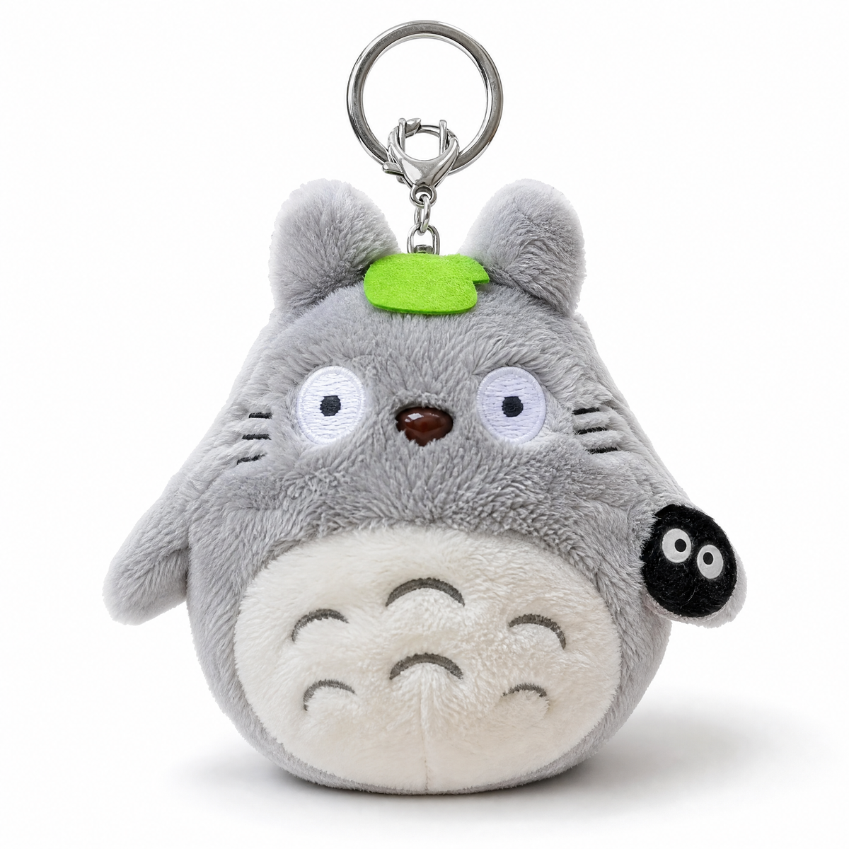 Portachiavi Totoro Grigio con Foglia Verde - Sfondo bianco frontale