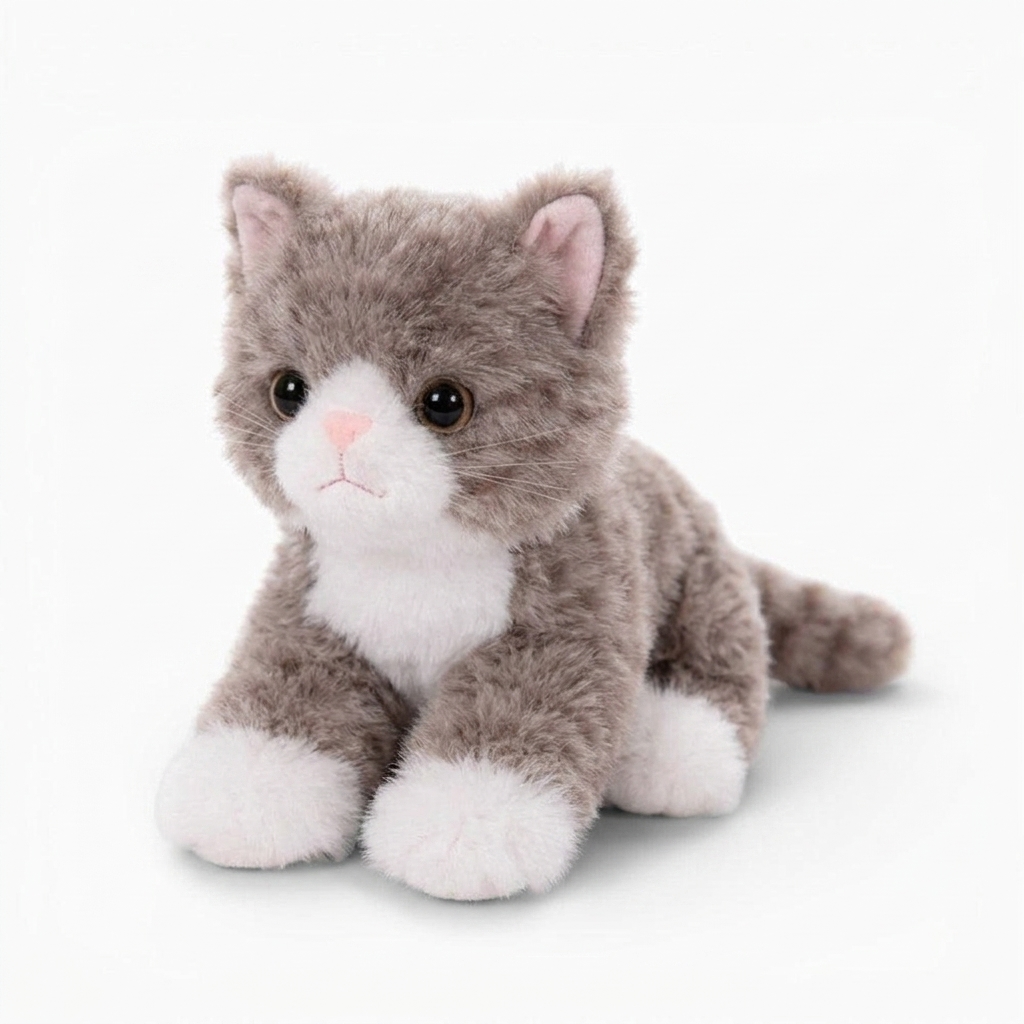 Peluche Gatto Realistico Grigio Tigrato - sfondo bianco laterale