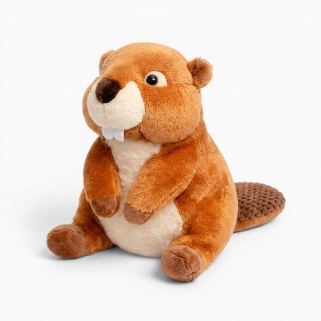 Peluche castoro realistico in poliestere morbido - Sfondo bianco di profilo
