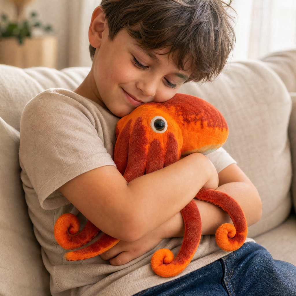 Peluche Polpo Realistico Arancione a Tentacoli - utilizzo accogliente in casa