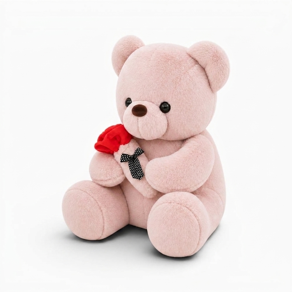 Orsetto di Peluche Rosa con Rosa Rossa - Sfondo bianco angolato