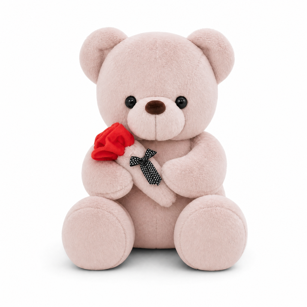 Orsetto di Peluche Rosa con Rosa Rossa - Sfondo bianco frontale