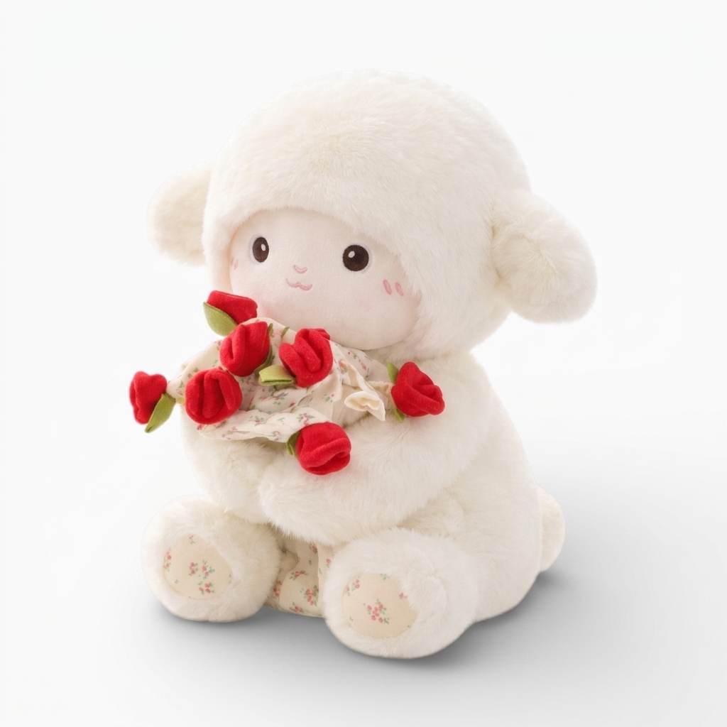 Peluche Pecora San Valentino con Bouquet di Rose - Sfondo bianco angolato