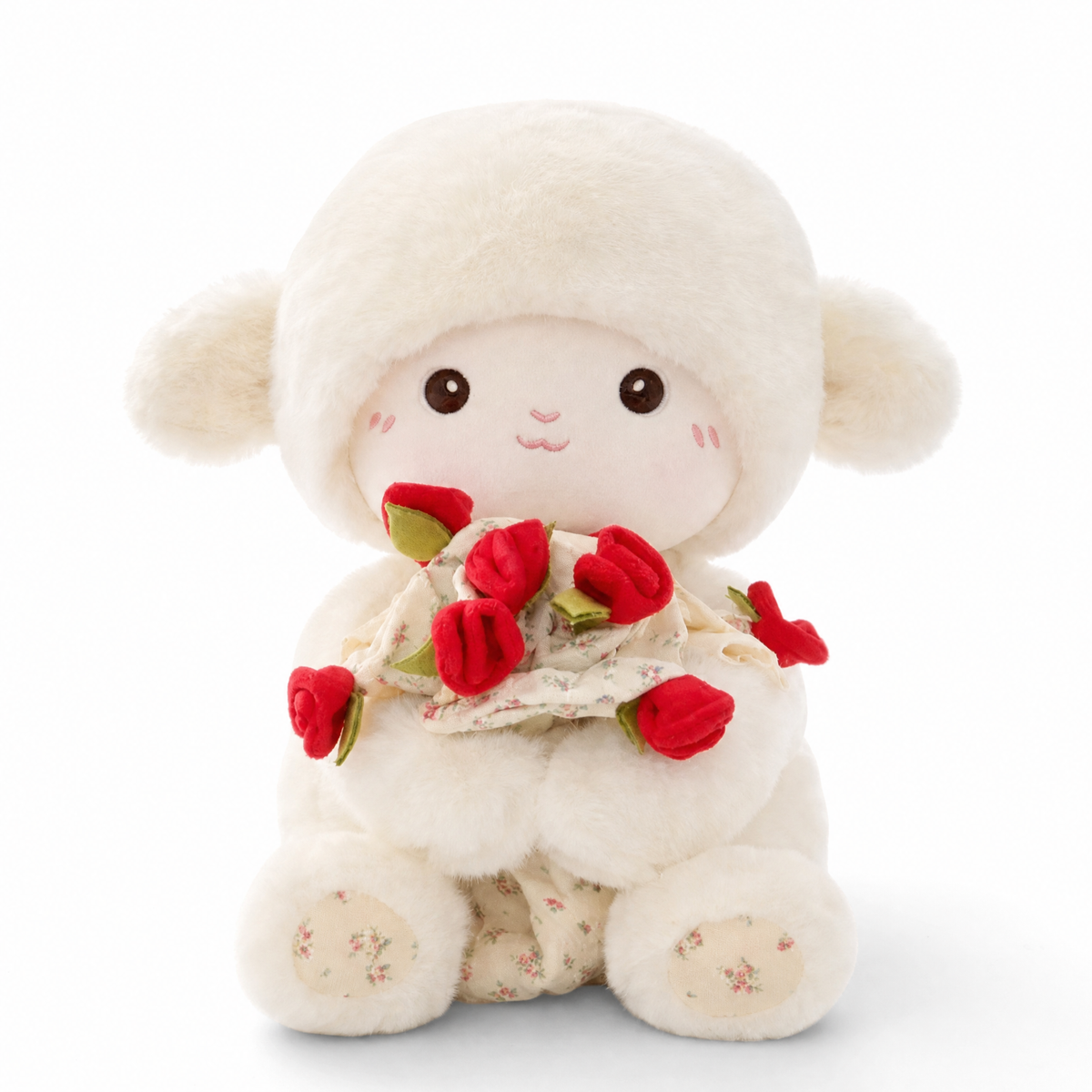 Peluche Pecora San Valentino con Bouquet di Rose - Sfondo bianco frontale