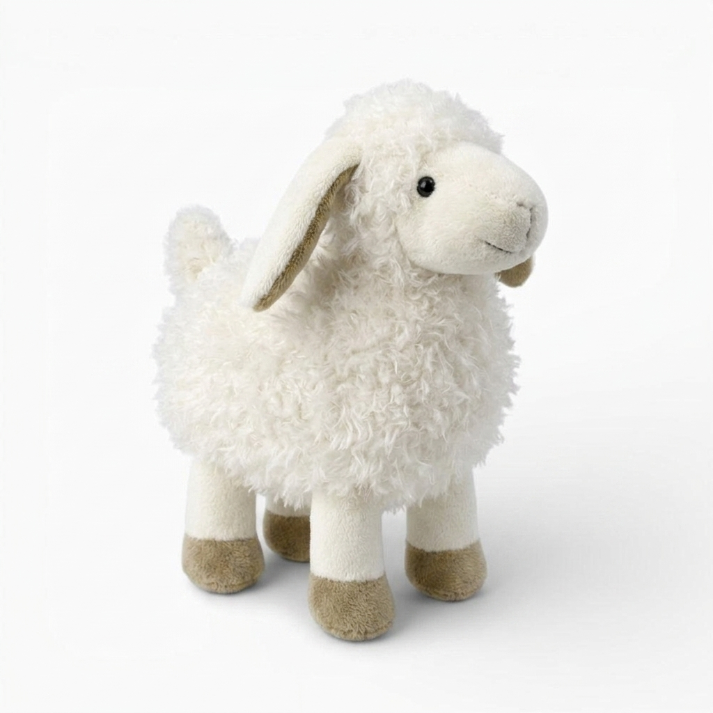 Peluche Pecora Bianca dalle Orecchie Lunghe - Sfondo bianco angolato