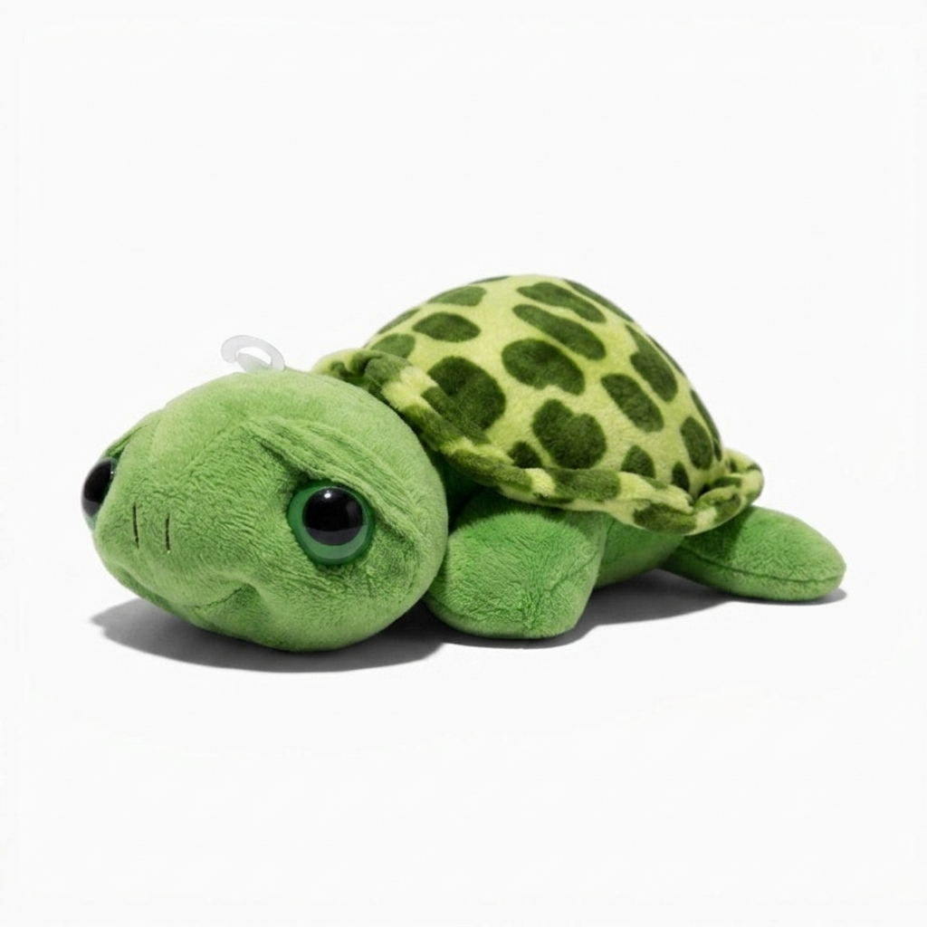 Peluche Tartaruga dai Grandi Occhi Verdi - Sfondo bianco angolato