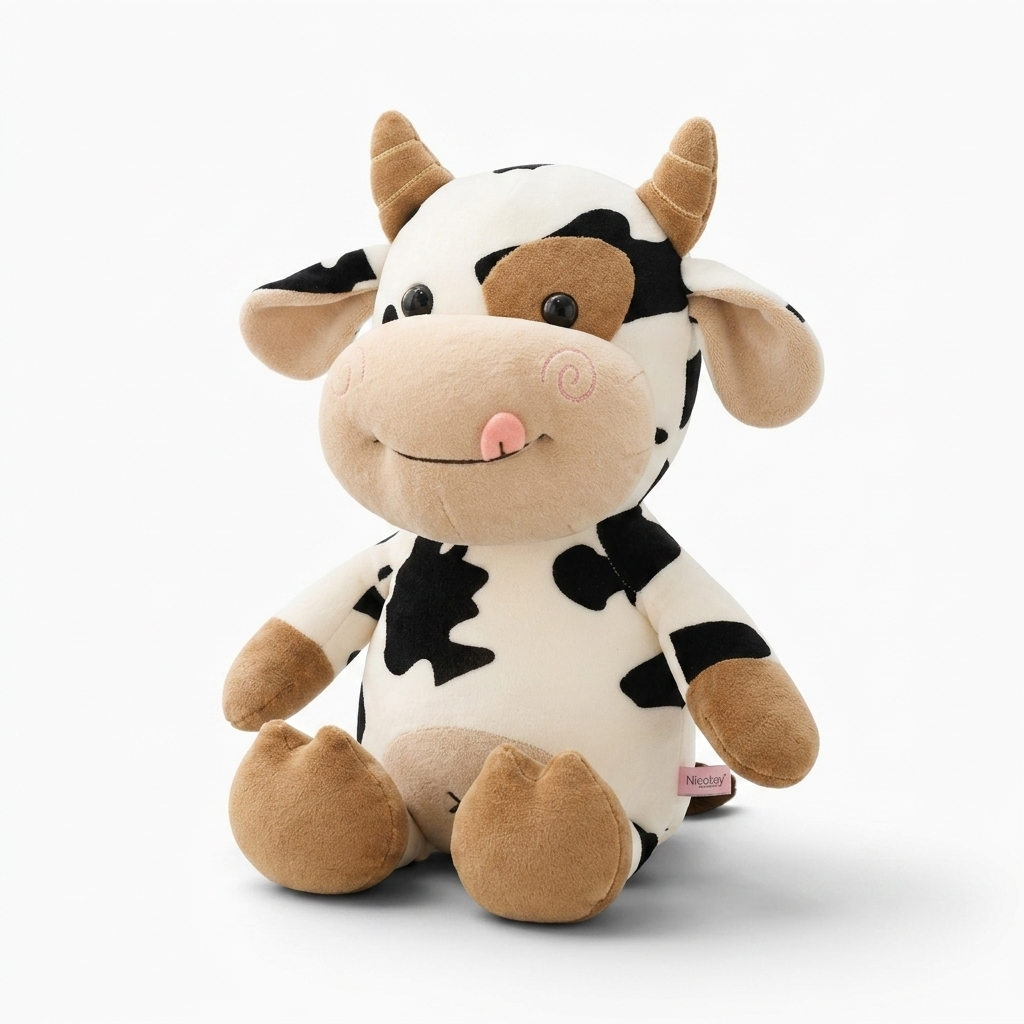 Peluche Mucca Bianca e Nera in Cotone Morbido - Sfondo bianco angolato