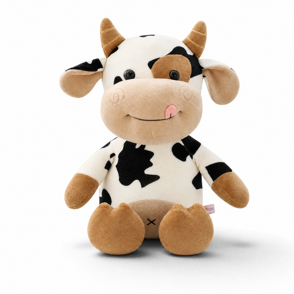 Peluche Mucca Bianca e Nera in Cotone Morbido - Sfondo bianco frontale