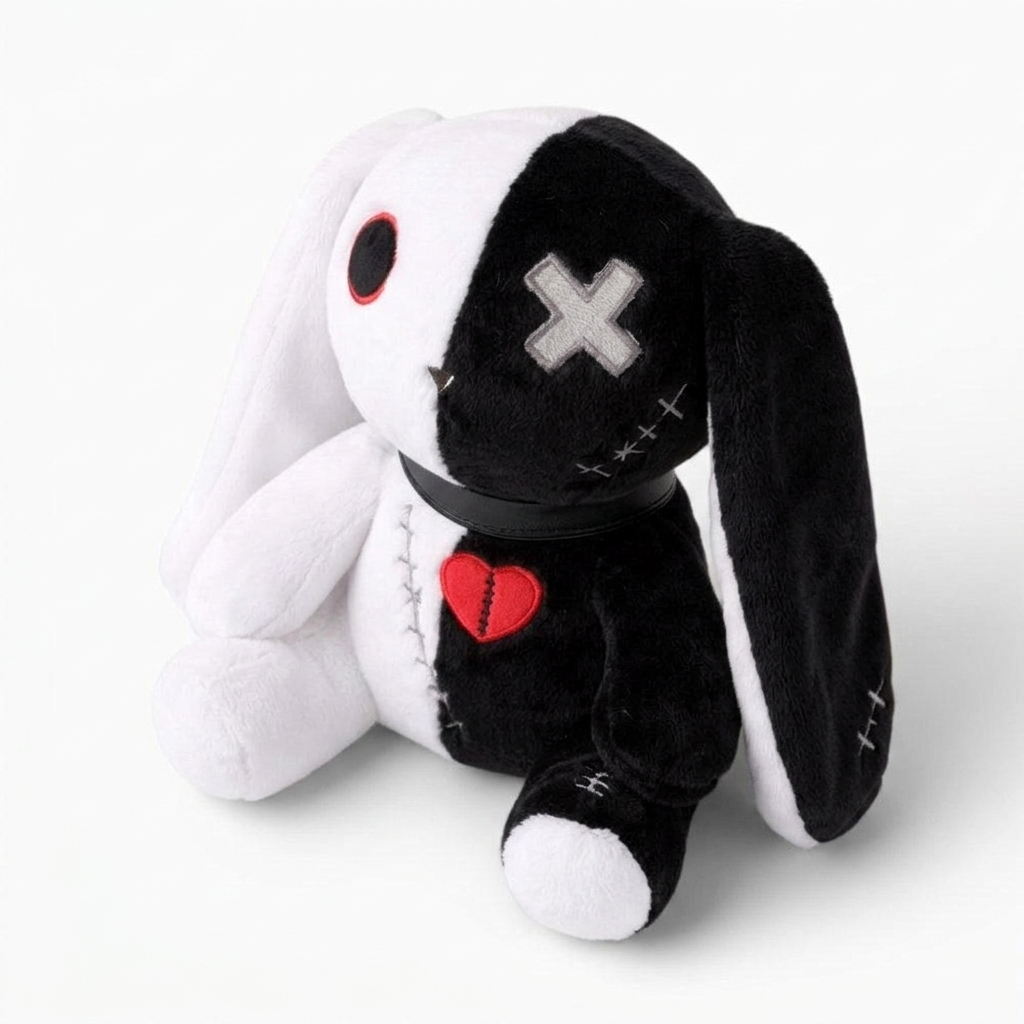 Peluche Coniglio Gotico Bianco e Nero con Cuore - Sfondo bianco angolato