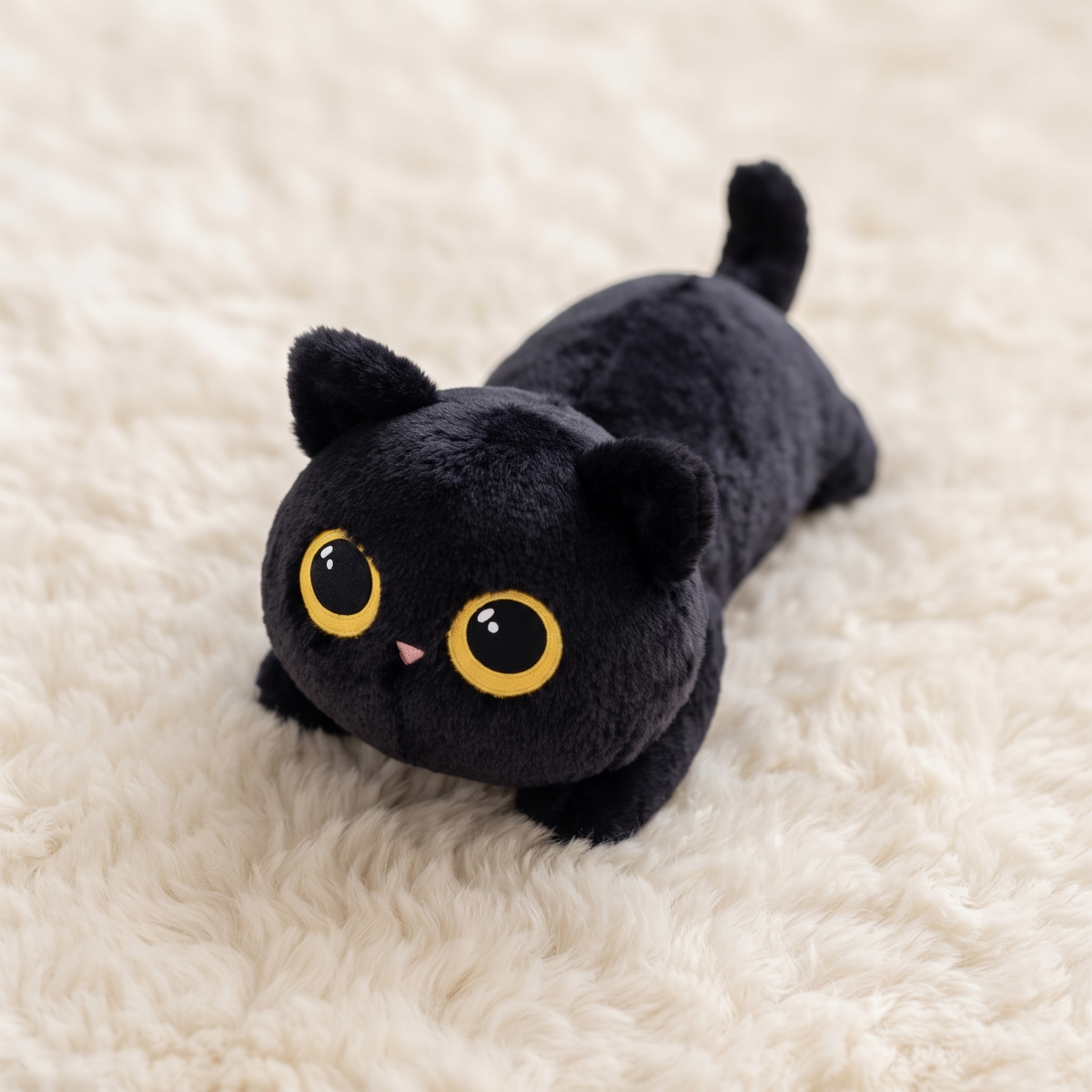 Peluche gatto nero kawaii con grandi occhi dorati - Dettaglio del materiale
