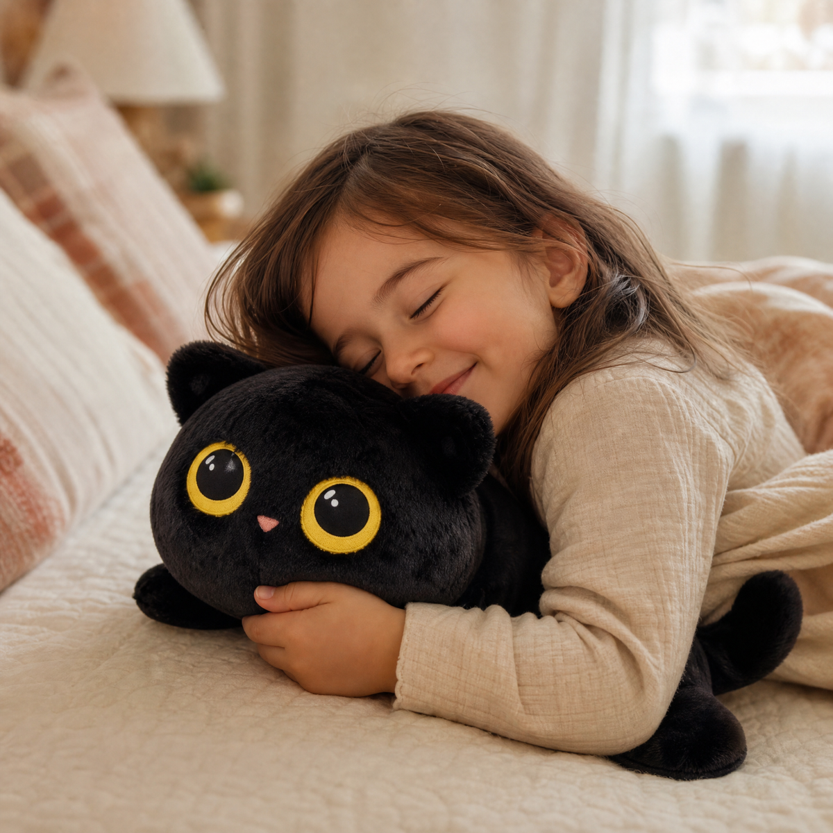 Peluche gatto nero kawaii con grandi occhi dorati - Uso accogliente in interni