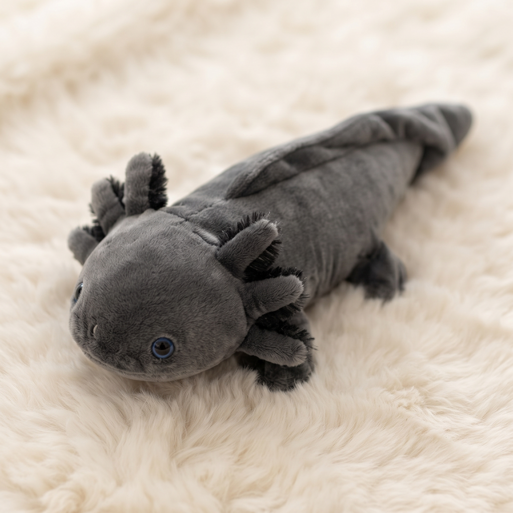 Peluche axolotl realistico nero con occhi blu - Dettaglio del materiale