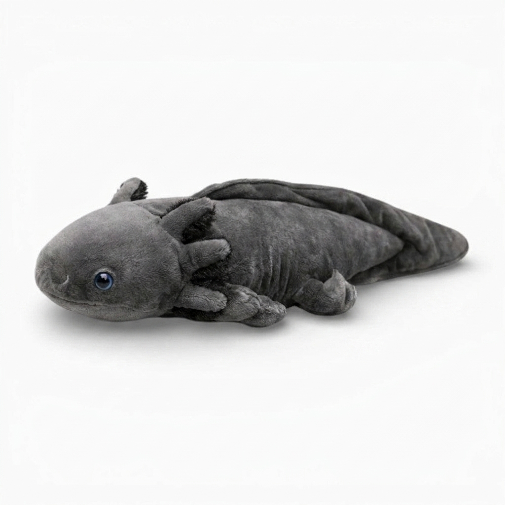 Peluche axolotl realistico nero con occhi blu - Sfondo bianco di profilo