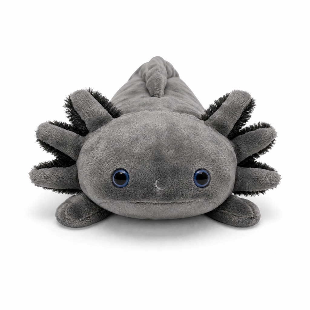 Peluche axolotl realistico nero con occhi blu - Sfondo bianco frontale