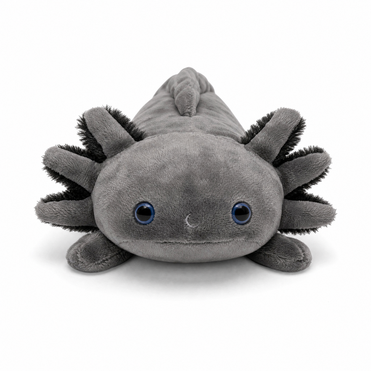 Peluche axolotl realistico nero con occhi blu - Sfondo bianco frontale