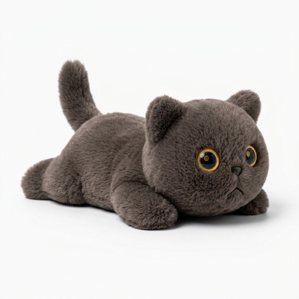 Peluche gatto nero disteso con grandi occhi - Sfondo bianco di profilo